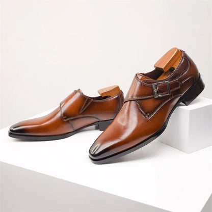 Men's Tan Leather-Look Single Monk Strap Dress Shoes - Variant Angle | Lavisa