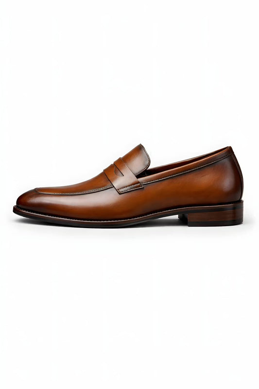Men's Tan Leather-Look Slip-On Penny Loafers - Front View | Lavisa