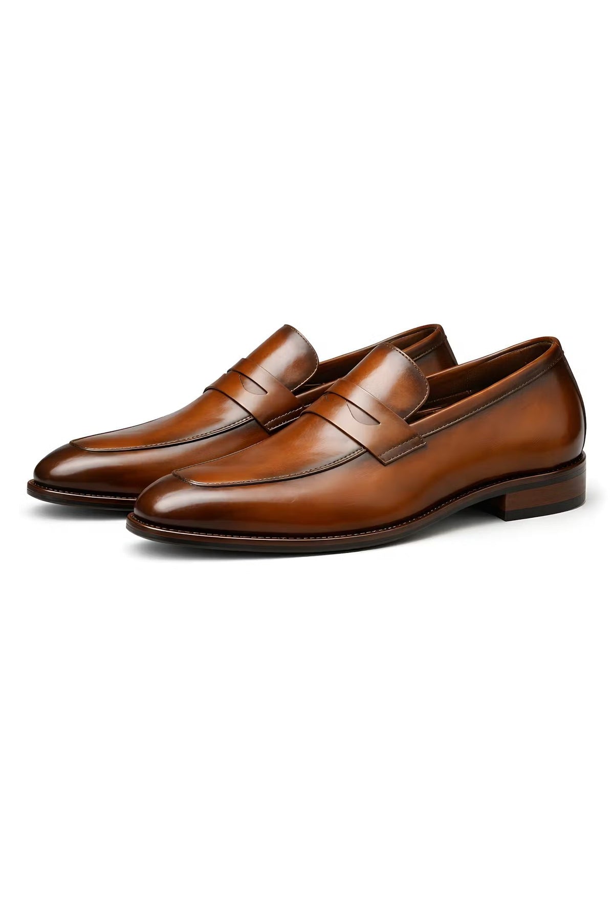 Men's Tan Leather-Look Slip-On Penny Loafers - Side Angle | Lavisa