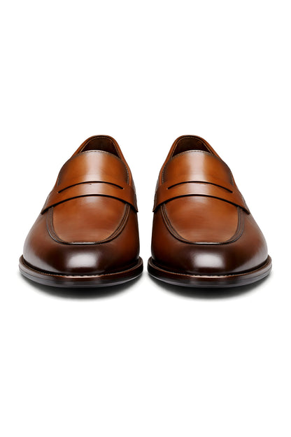 Men's Tan Leather-Look Slip-On Penny Loafers - Back View | Lavisa