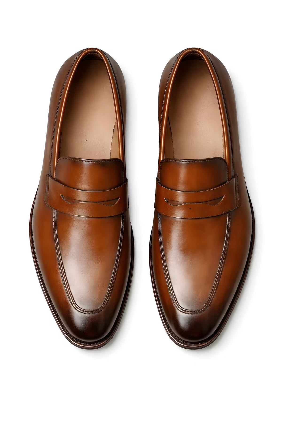Men's Tan Leather-Look Slip-On Penny Loafers - Close-Up Texture & Detail | Lavisa