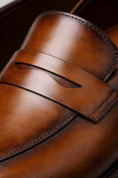 Men's Tan Leather-Look Slip-On Penny Loafers - Sole & Material View | Lavisa