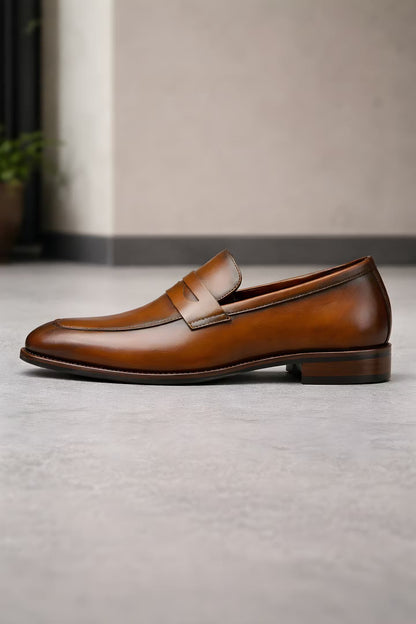 Men's Tan Leather-Look Slip-On Penny Loafers - Variant Angle | Lavisa