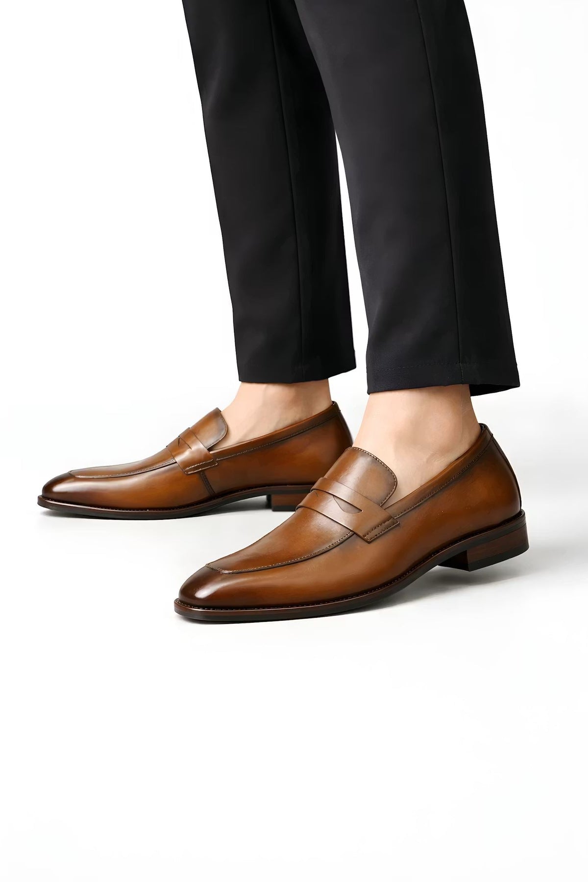 Men's Tan Leather-Look Slip-On Penny Loafers - Variant Style 8 | Lavisa