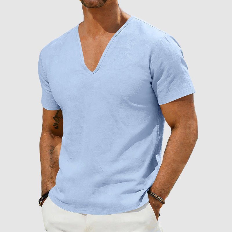 Men's V-Neck Linen Short-Sleeve T-Shirt - Front View | Lavisa