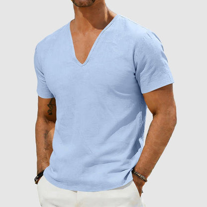 Men's V-Neck Linen Short-Sleeve T-Shirt - Front View | Lavisa