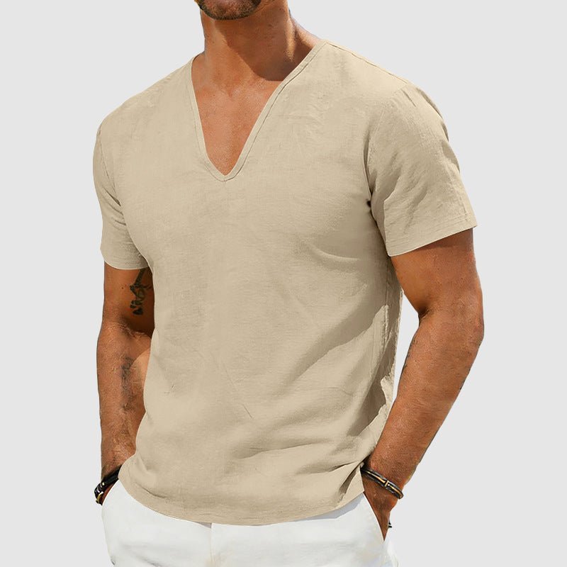 Men's V-Neck Linen Short-Sleeve T-Shirt - Side Angle | Lavisa