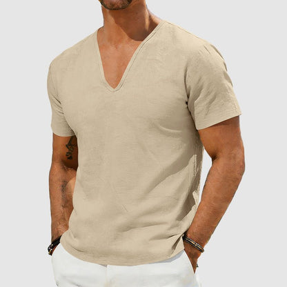 Men's V-Neck Linen Short-Sleeve T-Shirt - Side Angle | Lavisa