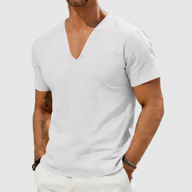 Men's V-Neck Linen Short-Sleeve T-Shirt - Back View | Lavisa
