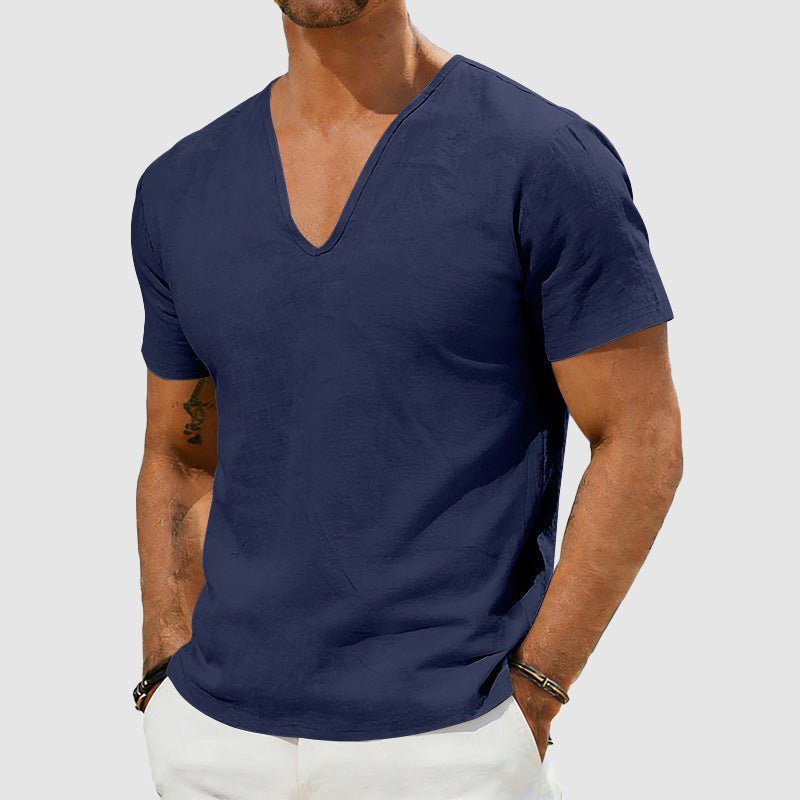 Men's V-Neck Linen Short-Sleeve T-Shirt - Close-Up Texture & Detail | Lavisa