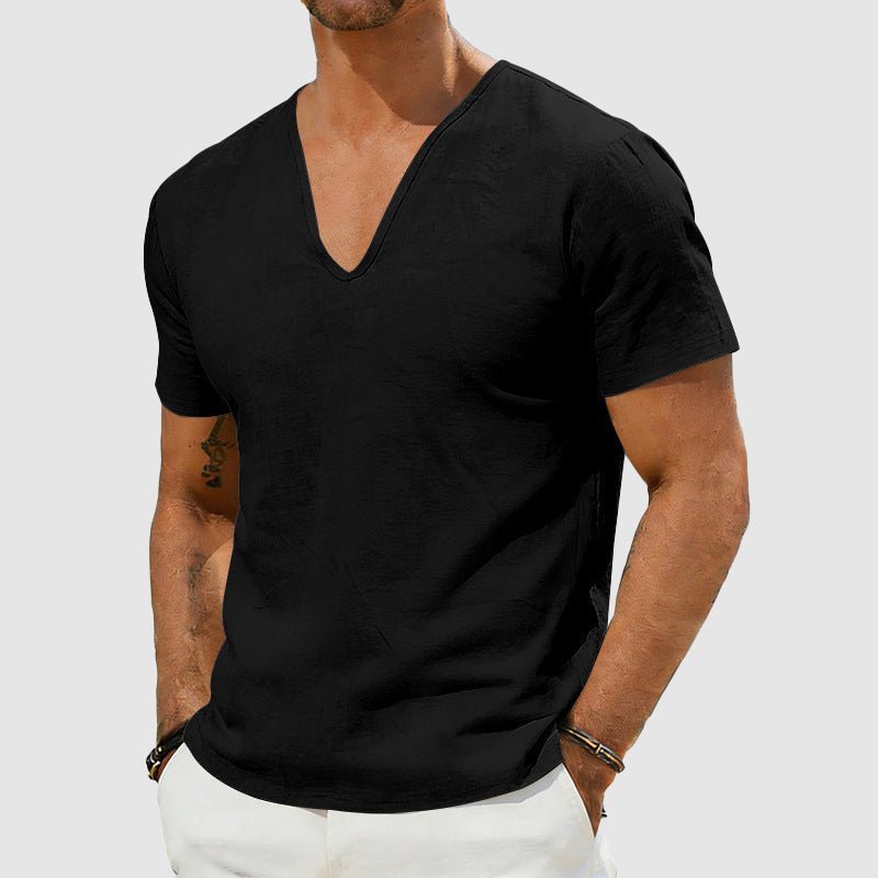 Men's V-Neck Linen Short-Sleeve T-Shirt - Sole & Material View | Lavisa