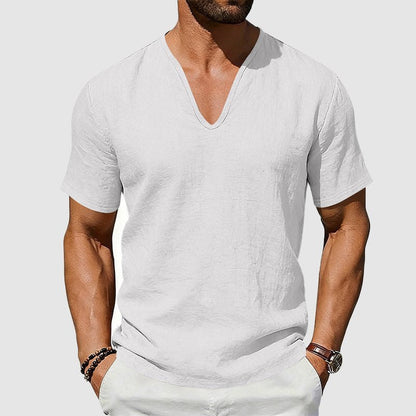 Men's V-Neck Linen Short-Sleeve T-Shirt - Lifestyle & Model Angle | Lavisa