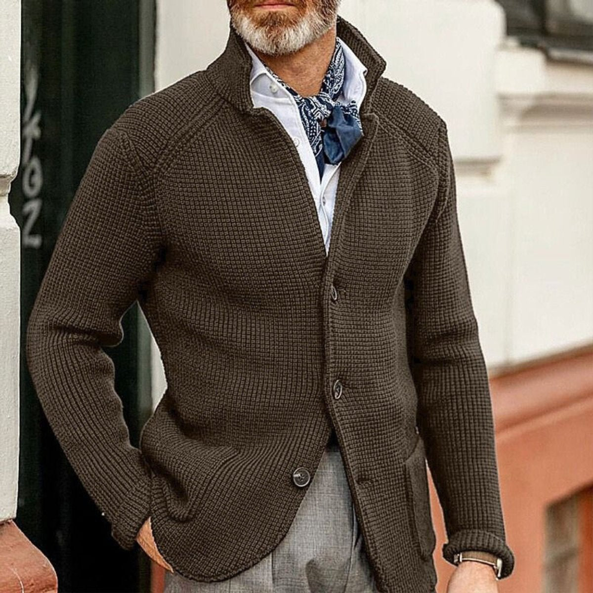Men's Waffle-Knit Button-Up Cardigan Relaxed Fit Jumper - Side Angle | Lavisa