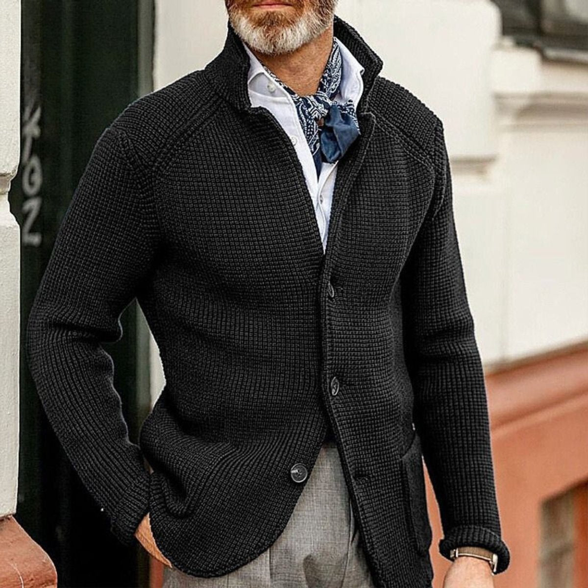 Men's Waffle-Knit Button-Up Cardigan Relaxed Fit Jumper - Front View | Lavisa