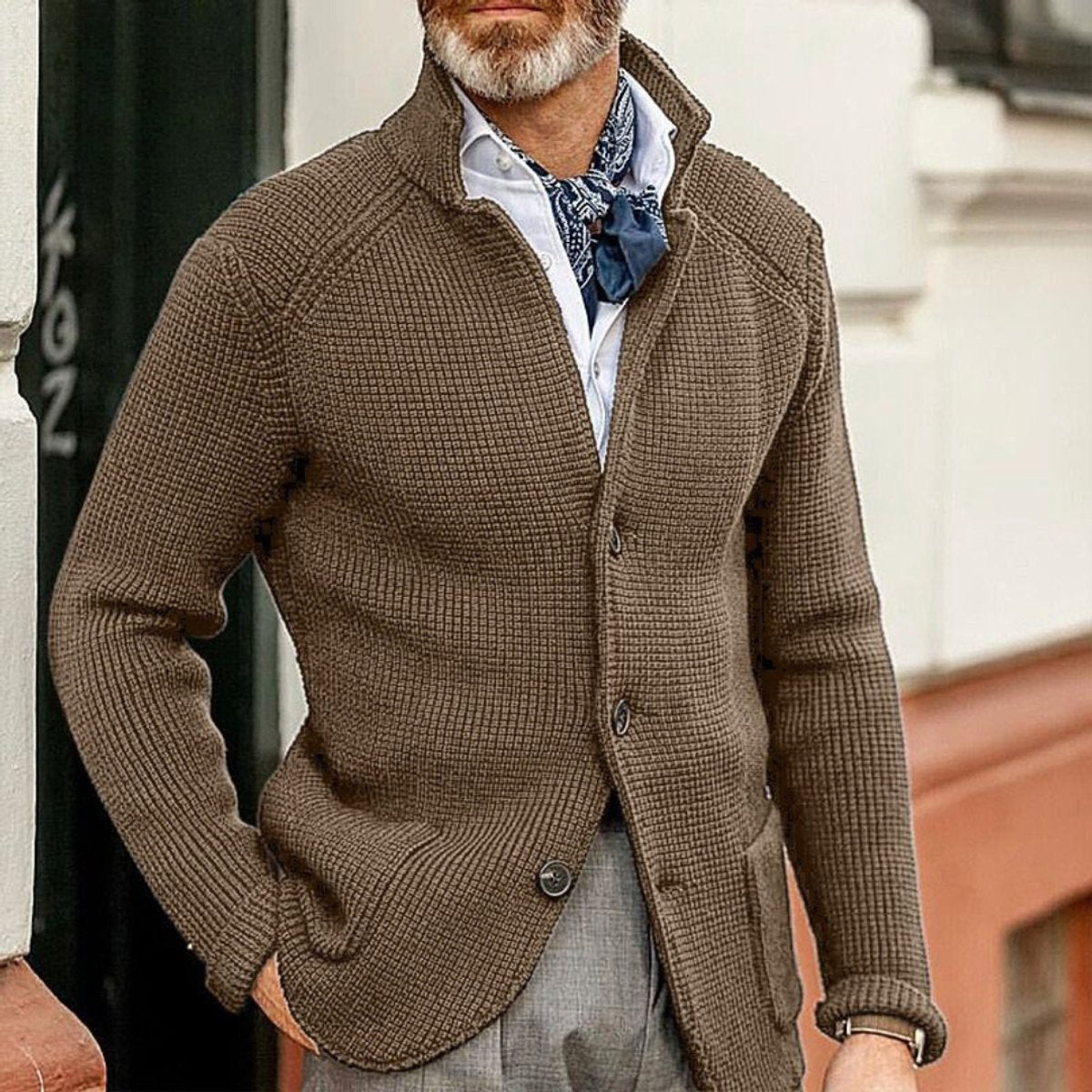 Men's Waffle-Knit Button-Up Cardigan Relaxed Fit Jumper - Back View | Lavisa