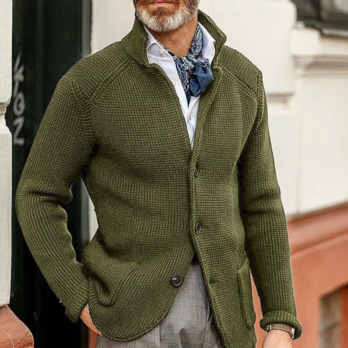 Men's Waffle-Knit Button-Up Cardigan Relaxed Fit Jumper - Close-Up Texture & Detail | Lavisa
