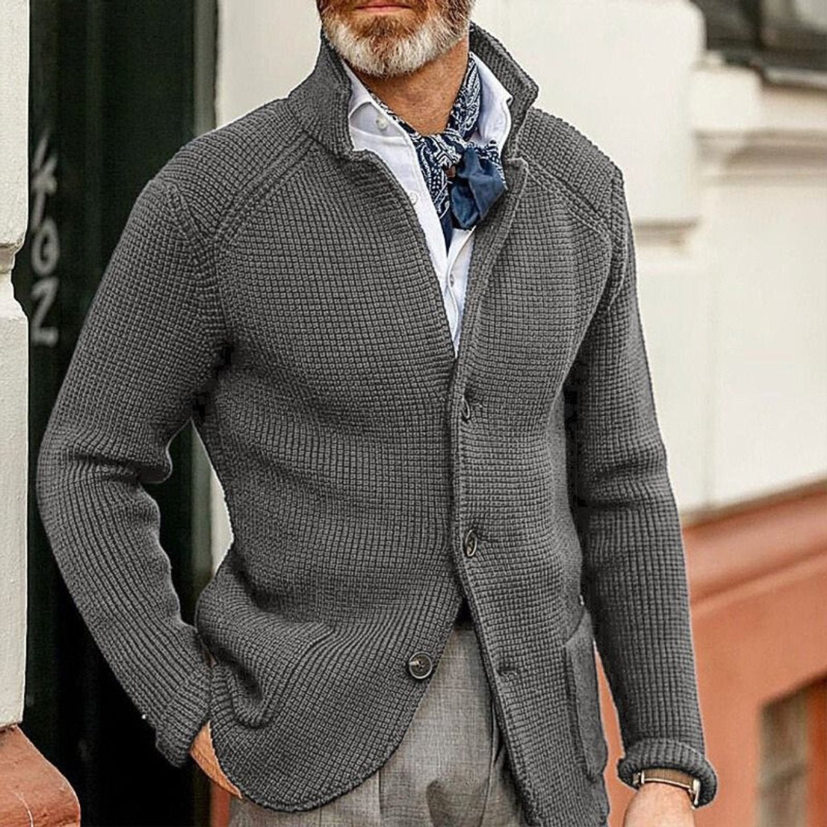Men's Waffle-Knit Button-Up Cardigan Relaxed Fit Jumper - Sole & Material View | Lavisa