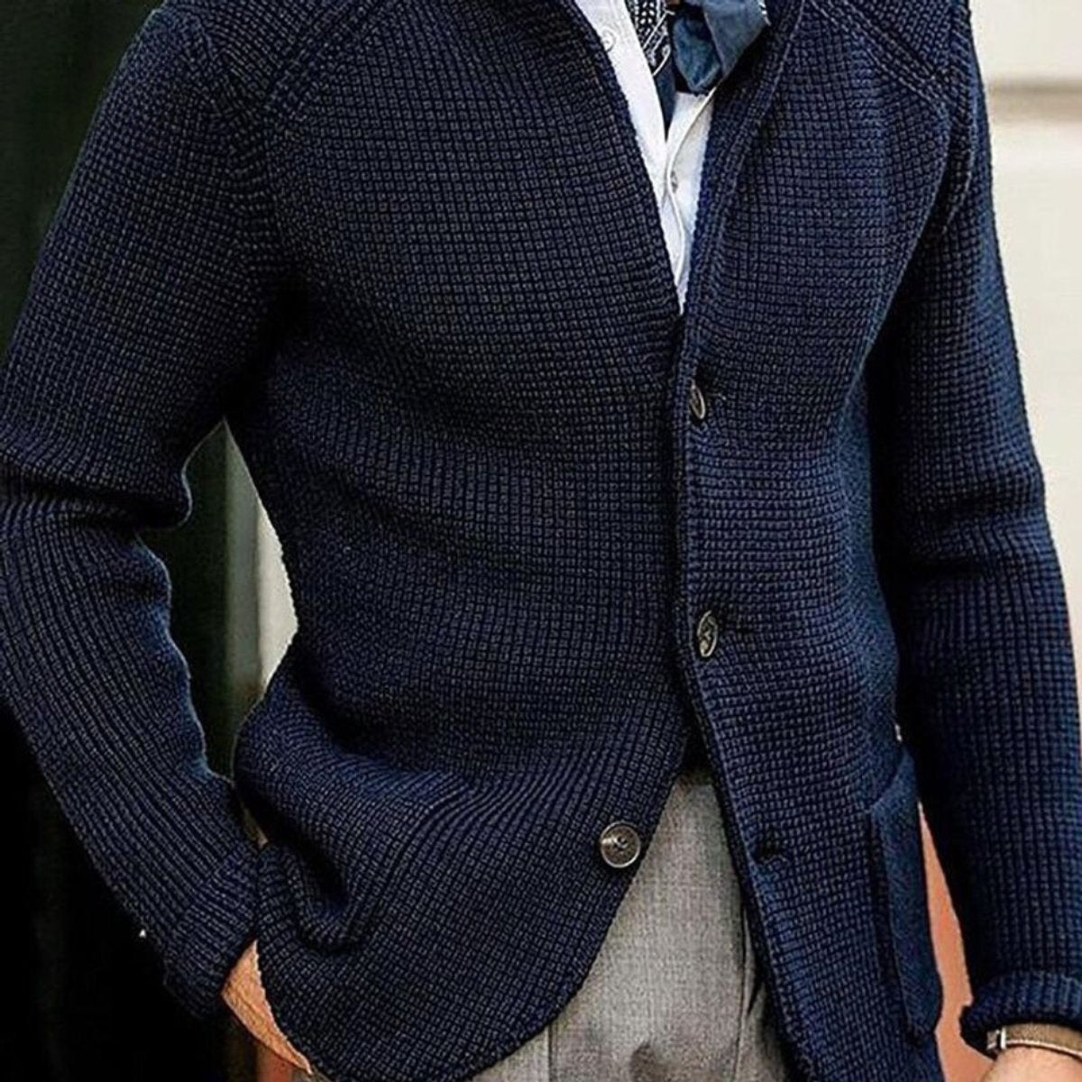 Men's Waffle-Knit Button-Up Cardigan Relaxed Fit Jumper - Lifestyle & Model Angle | Lavisa