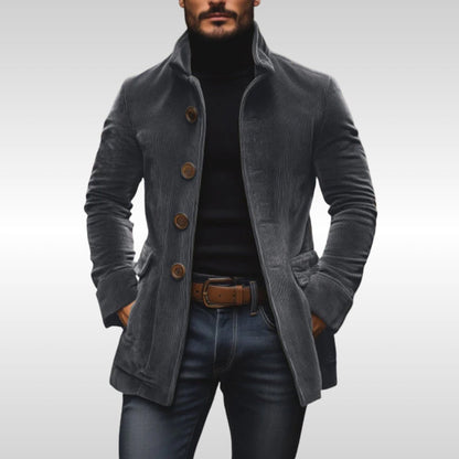 Mens Wool Coat Slim Fit Corduroy Standing Collar Button Jacket - Front View | Lavisa