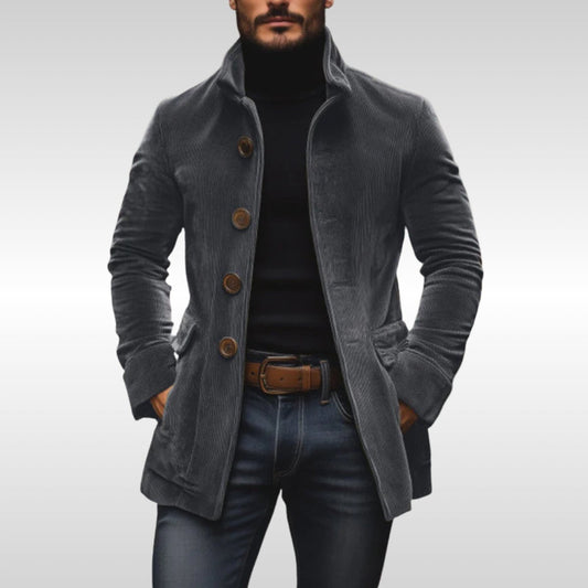 Mens Wool Coat Slim Fit Corduroy Standing Collar Button Jacket - Front View | Lavisa
