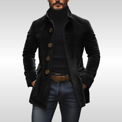 Mens Wool Coat Slim Fit Corduroy Standing Collar Button Jacket - Side Angle | Lavisa