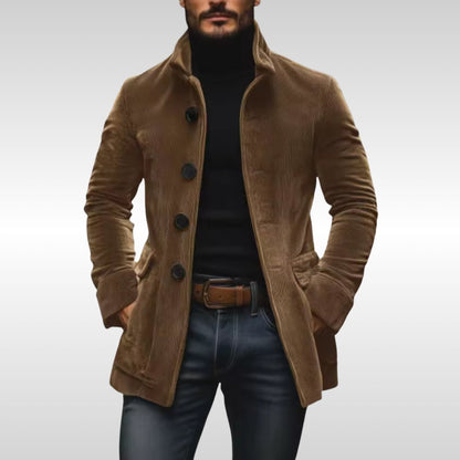 Mens Wool Coat Slim Fit Corduroy Standing Collar Button Jacket - Back View | Lavisa