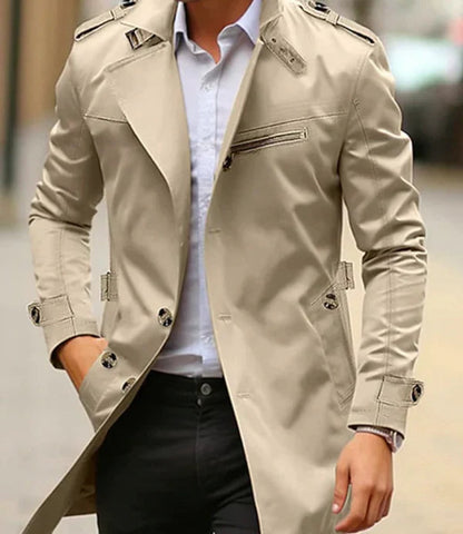 Mens Wool Coat Slim-Fit Double-Breasted Trench Overcoat - Front View | Lavisa