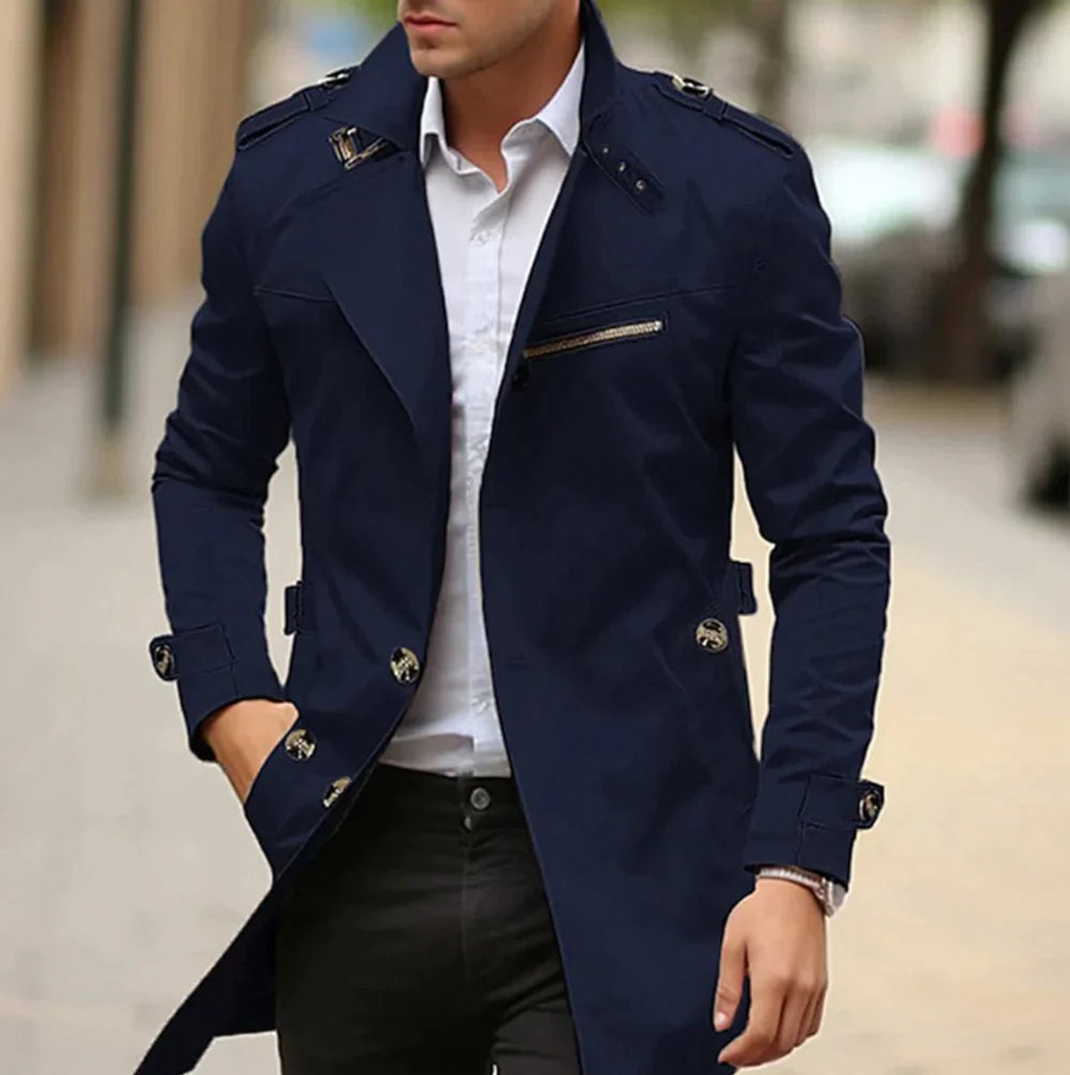 Mens Wool Coat Slim-Fit Double-Breasted Trench Overcoat - Side Angle | Lavisa