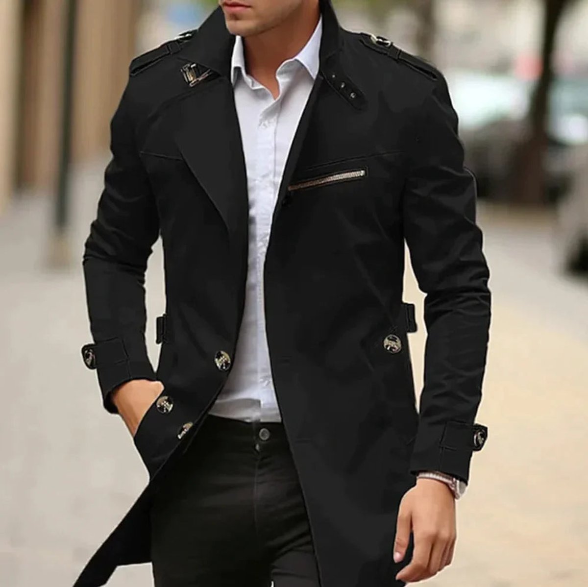 Mens Wool Coat Slim-Fit Double-Breasted Trench Overcoat - Close-Up Texture & Detail | Lavisa