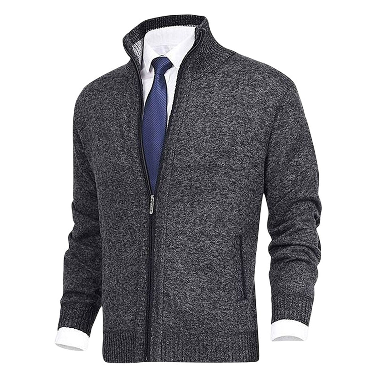 Men's Zip-Up Knit Cardigan Mock Neck Fleece-Lined Jumper - Variant Style 8 | Lavisa