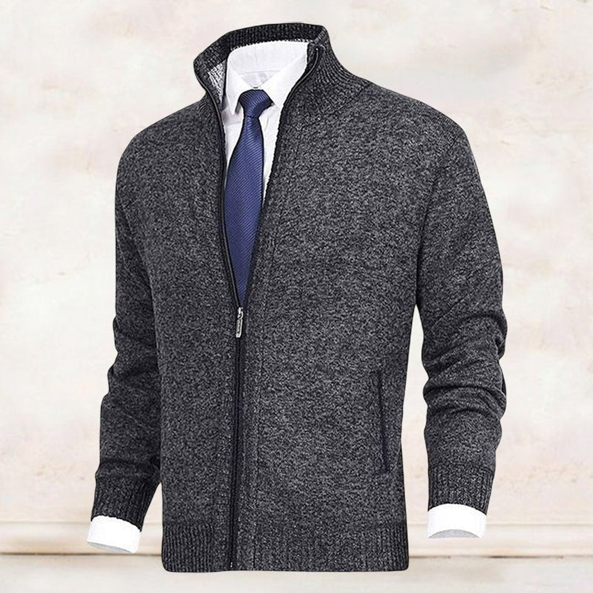 Men's Zip-Up Knit Cardigan Mock Neck Fleece-Lined Jumper - Variant Style 9 | Lavisa