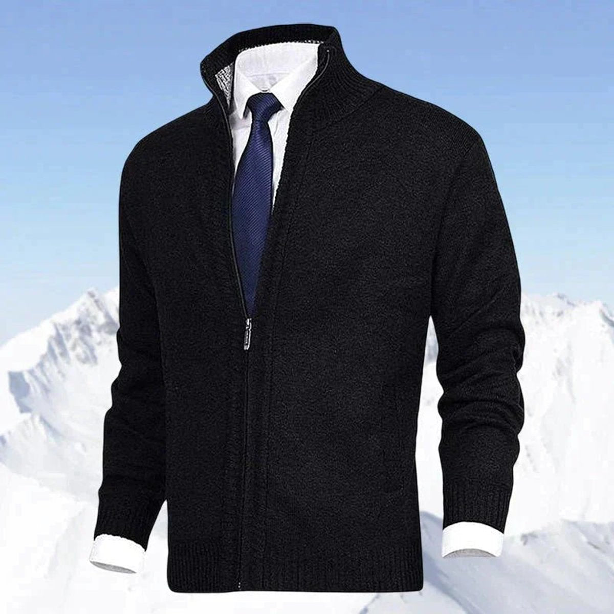 Men's Zip-Up Knit Cardigan Mock Neck Fleece-Lined Jumper - Variant Style 10 | Lavisa