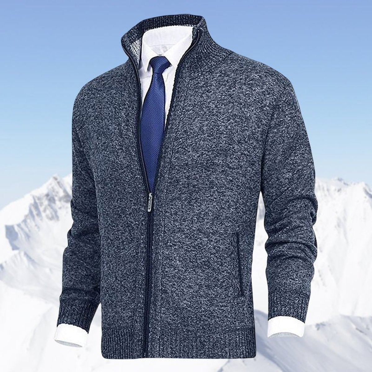Men's Zip-Up Knit Cardigan Mock Neck Fleece-Lined Jumper - Variant Style 12 | Lavisa