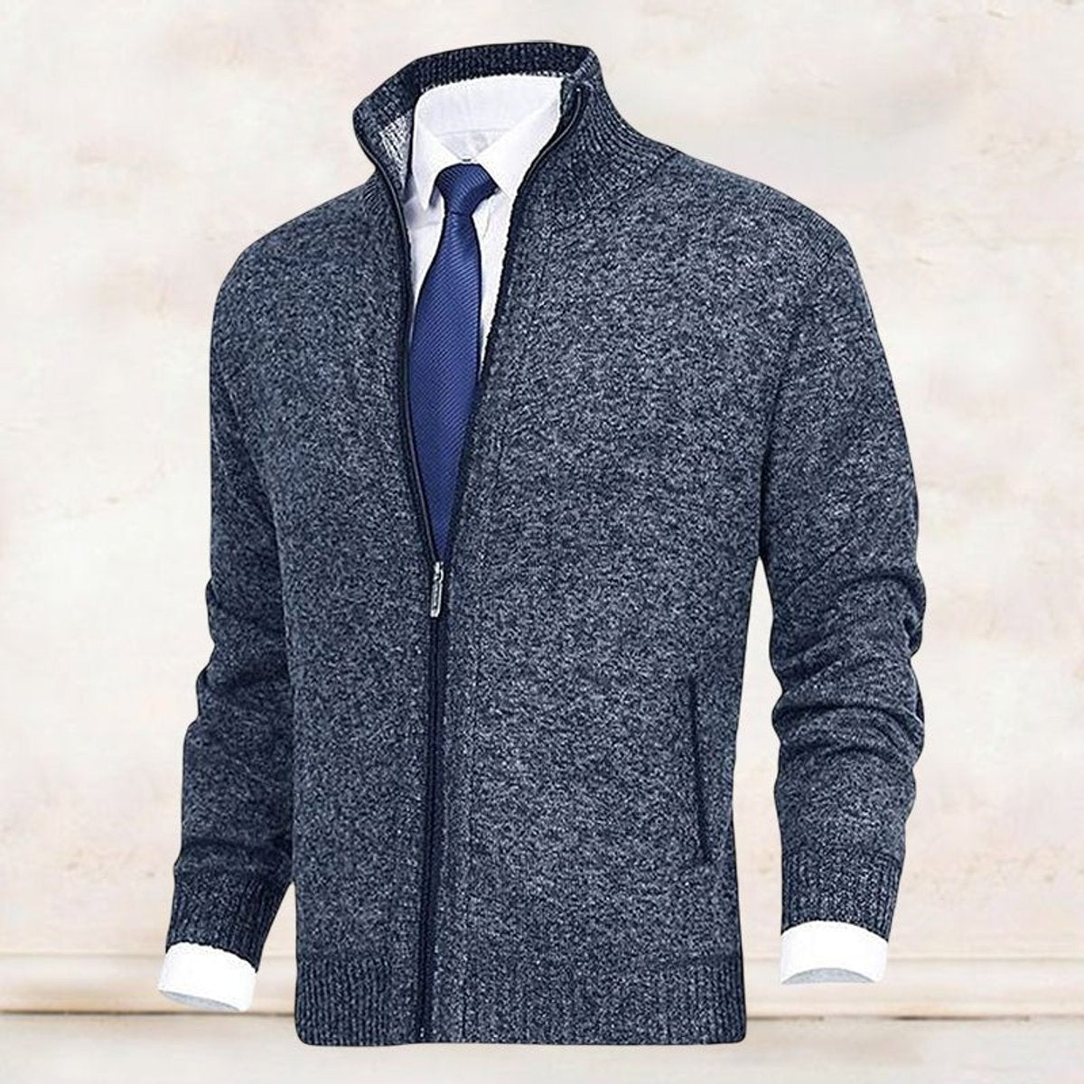 Men's Zip-Up Knit Cardigan Mock Neck Fleece-Lined Jumper - Variant Style 13 | Lavisa