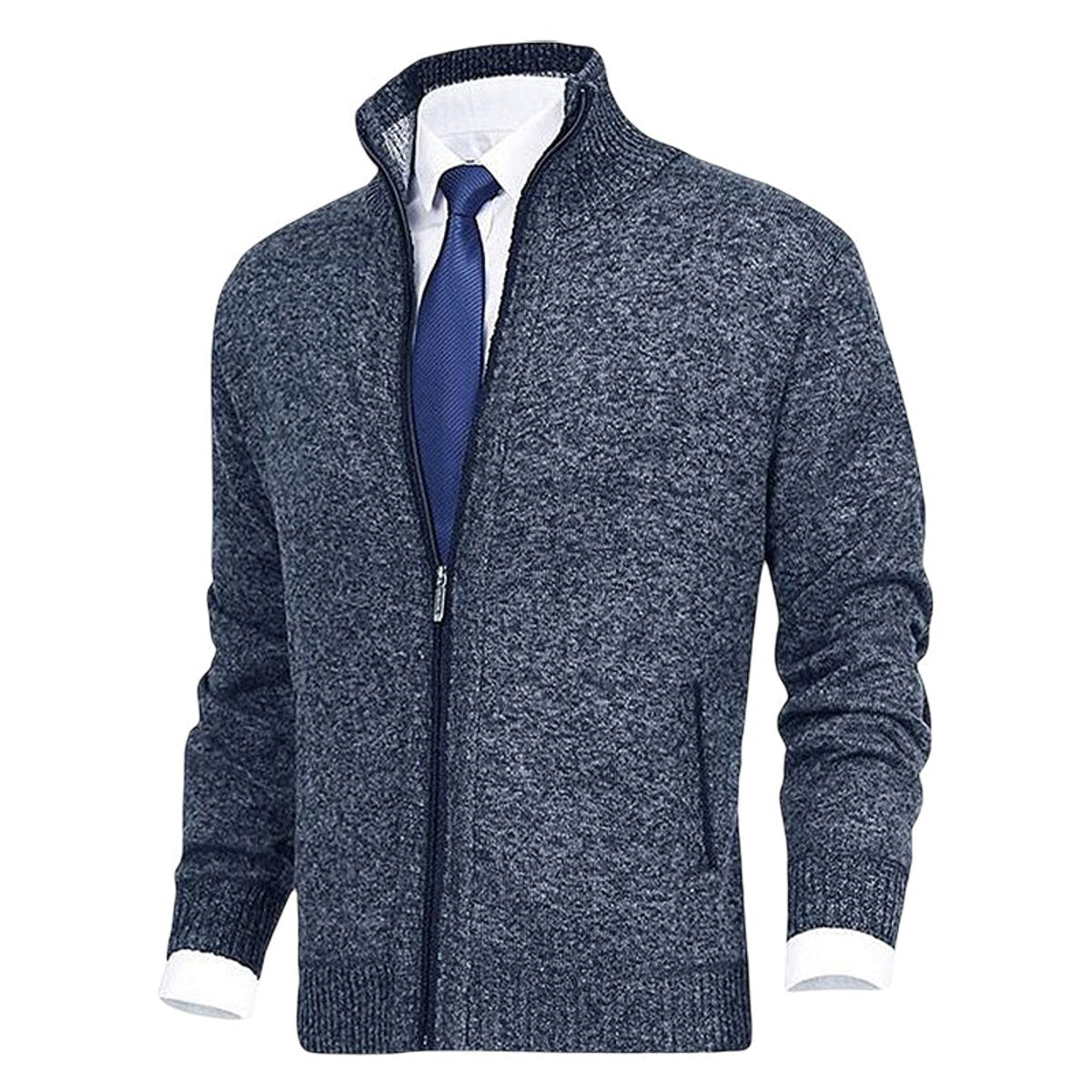 Men's Zip-Up Knit Cardigan Mock Neck Fleece-Lined Jumper - Variant Style 14 | Lavisa