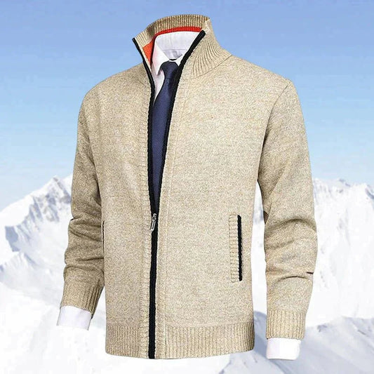 Men's Zip-Up Knit Cardigan Mock Neck Fleece-Lined Jumper - Front View | Lavisa