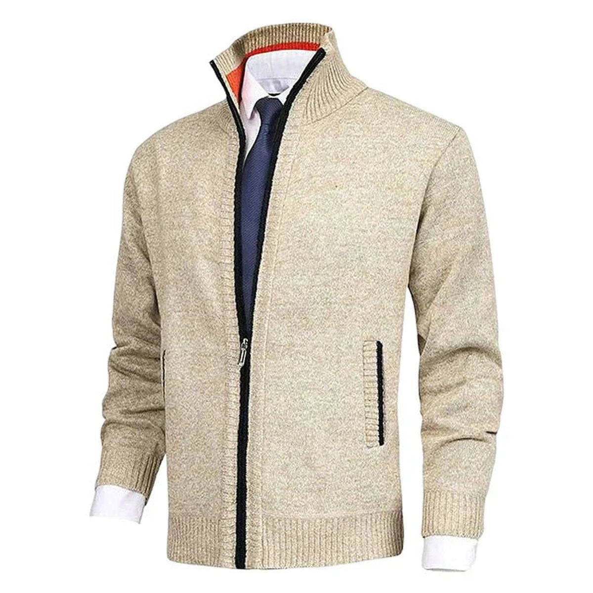 Men's Zip-Up Knit Cardigan Mock Neck Fleece-Lined Jumper - Side Angle | Lavisa