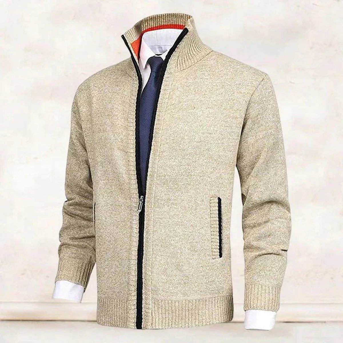 Men's Zip-Up Knit Cardigan Mock Neck Fleece-Lined Jumper - Back View | Lavisa