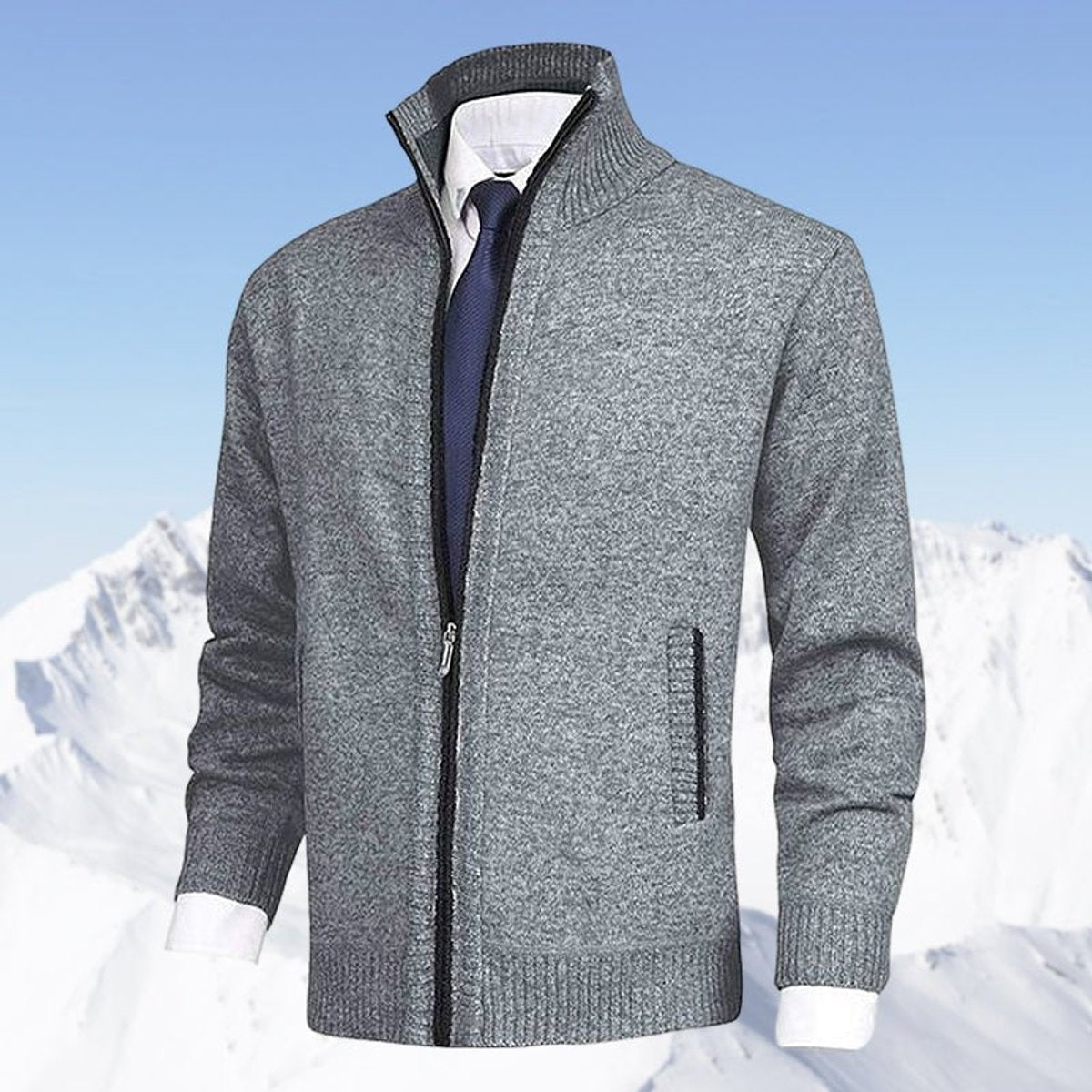 Men's Zip-Up Knit Cardigan Mock Neck Fleece-Lined Jumper - Close-Up Texture & Detail | Lavisa