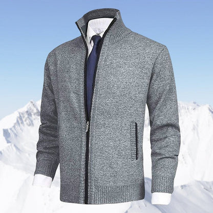 Men's Zip-Up Knit Cardigan Mock Neck Fleece-Lined Jumper - Close-Up Texture & Detail | Lavisa