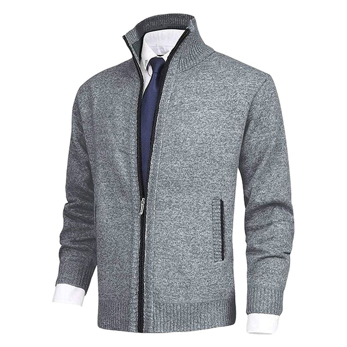 Men's Zip-Up Knit Cardigan Mock Neck Fleece-Lined Jumper - Sole & Material View | Lavisa