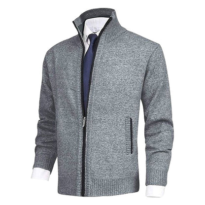 Men's Zip-Up Knit Cardigan Mock Neck Fleece-Lined Jumper - Sole & Material View | Lavisa