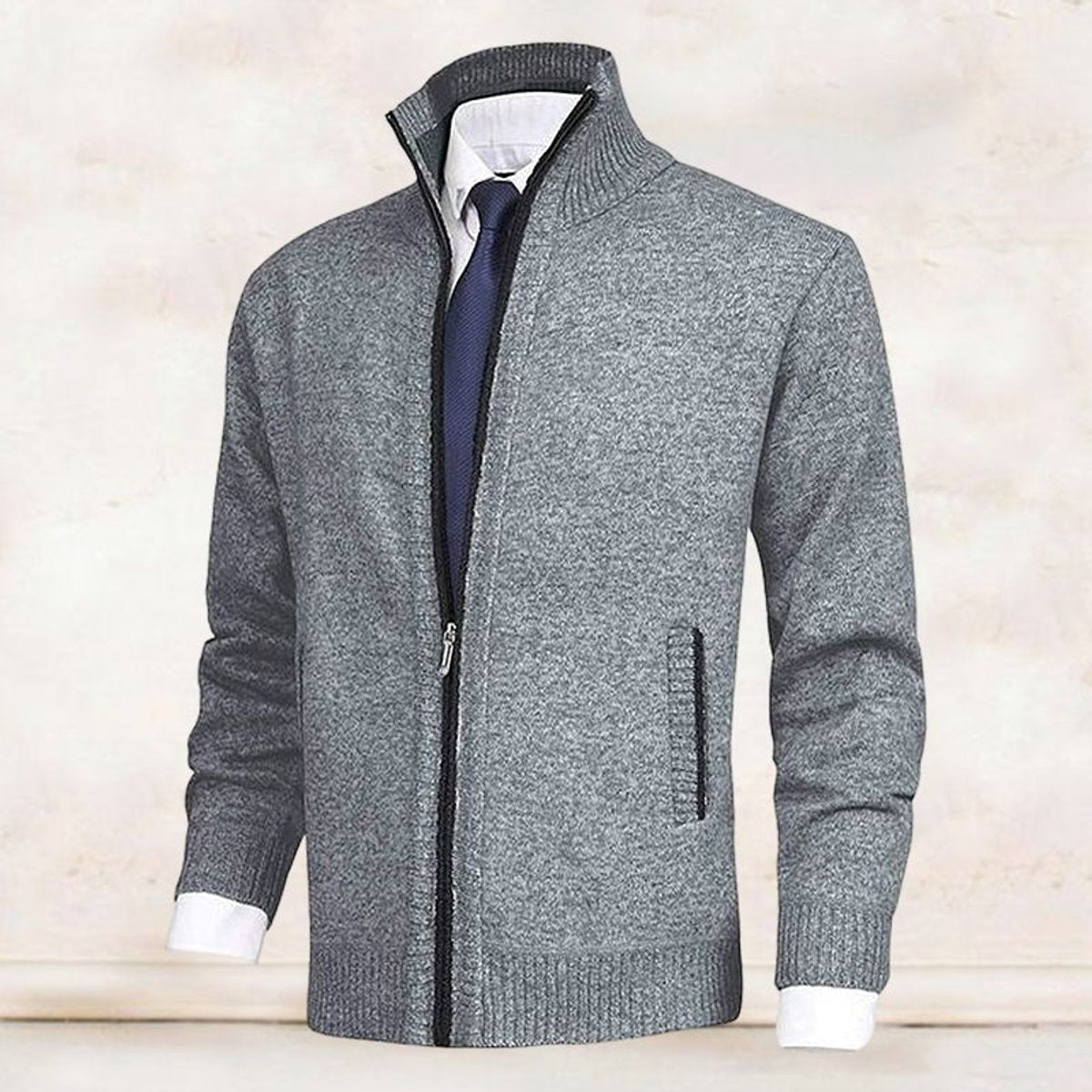 Men's Zip-Up Knit Cardigan Mock Neck Fleece-Lined Jumper - Lifestyle & Model Angle | Lavisa
