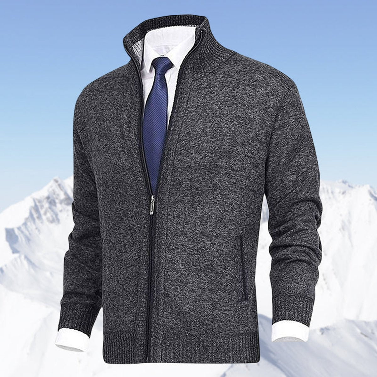 Men's Zip-Up Knit Cardigan Mock Neck Fleece-Lined Jumper - Variant Angle | Lavisa