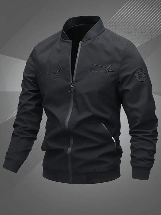 Men's Zip-Up Polyester Bomber Jacket Baseball Collar - Front View | Lavisa