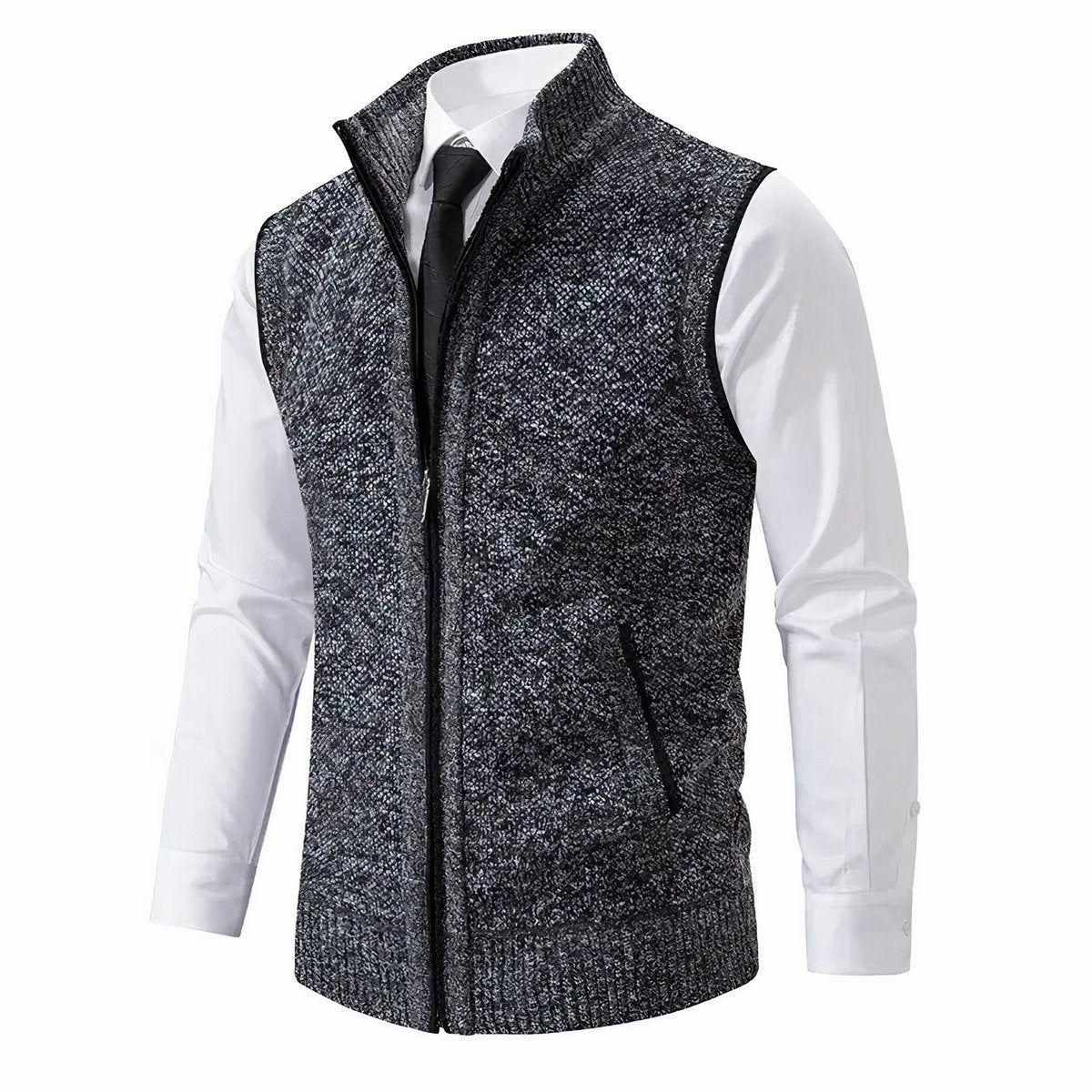Men's Zip-Up Sleeveless Knit Cardigan Vest - Front View | Lavisa