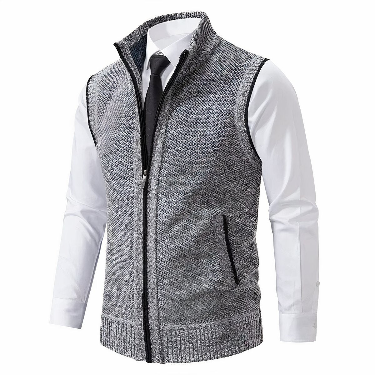 Men's Zip-Up Sleeveless Knit Cardigan Vest - Side Angle | Lavisa