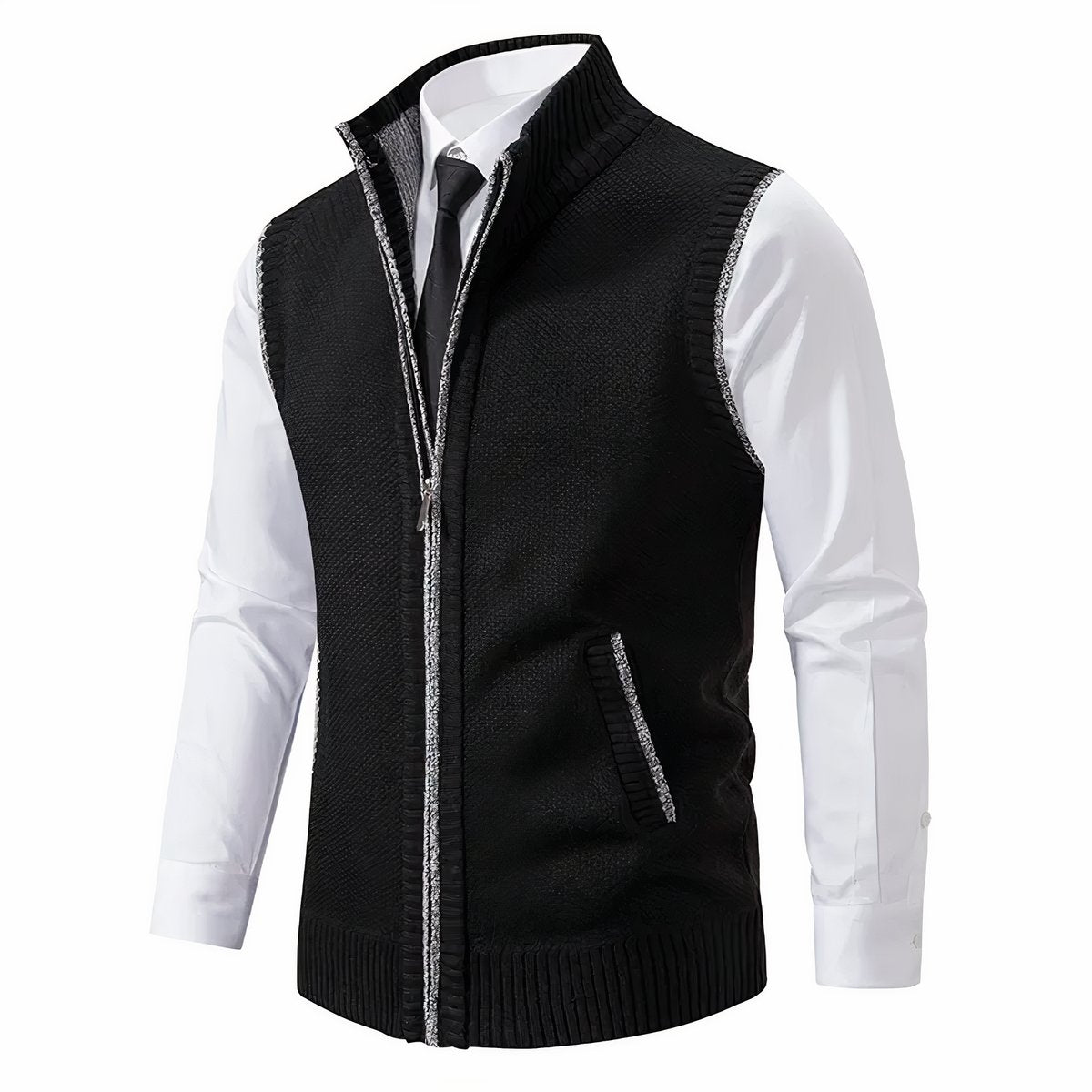 Men's Zip-Up Sleeveless Knit Cardigan Vest - Close-Up Texture & Detail | Lavisa