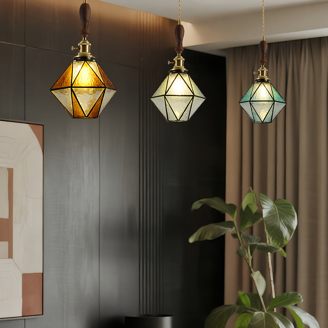Lavisa - Geometric Diamond Glass Pendant Light with Brass and Wood