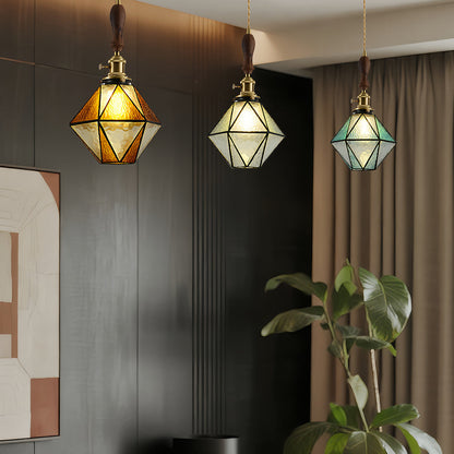 Lavisa - Geometric Diamond Glass Pendant Light with Brass and Wood